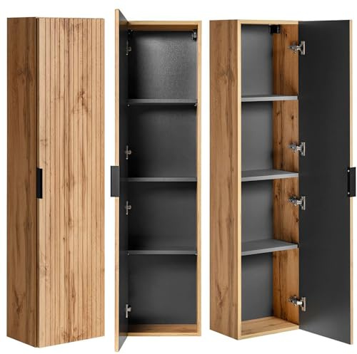 Lomadox Badezimmerschrank Hochschrank 2-türig, Wotan Eiche gerillt, 35 cm schmal, Seitenschrank Badmöbel-Schrank Badschrank B/H/T: 35/140/25 cm