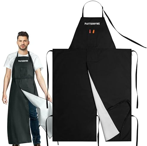 Potterhyme Reusable Full Coverage Waterproof Pottery Apron Split Leg - 100% Lined Polyester Apron For Men & Women - For Ceramic Wheel Throwing, Woodturning, Painting, and Clay or Tattoo Artists