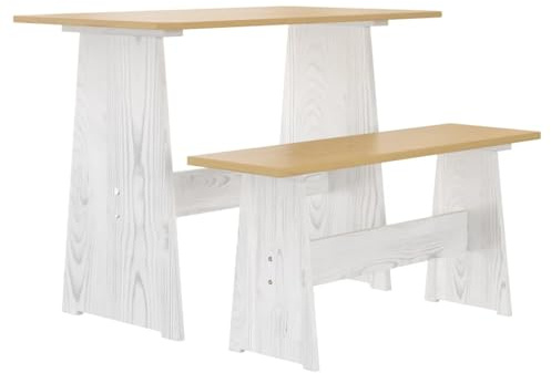 Homgoday Essgruppe aus Massivholz Reine, Honigbraun/Weiß, mit Tisch 100x60x73cm & Bank 92x28x43cm, für Küche & Esszimmer Model327253