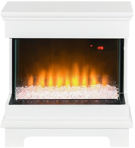 HOMCOM Caminetto Elettrico a 10 Colori, Camino Moderno con Spegnimento Automatico e Timer da 12h, in Acciaio e Vetro Temperato, 61x28x66.5 cm, Bianco
