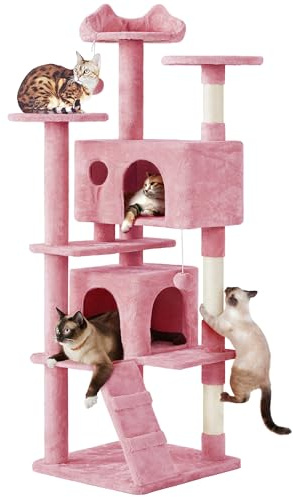 Yaheetech Arbre à Chat 178 cm, Arbre à Grimper avec 2 Niches 3 Plateformes 2 Boules en Sisal Multi-Niveaux Idéal pour 3-4 Chats, Rose