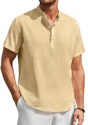 Enlision linneskjorta herr, kortärmad skjorta, lätt sommarskjorta, herr, fritidsskjorta för män, Henley-skjorta, normal passform, S-4XL, Beige, 3XL