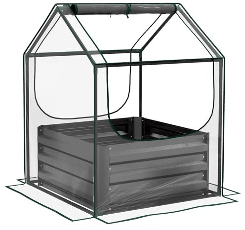Outsunny Raised Garden Bed with Mini Greenhouse, Outdoor Metal Planter Box with Cover, for Herbs and Vegetables, Use for Patio, Garden, Balcony, Clear and Dark Grey