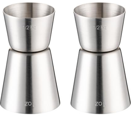Jigger per Bartending, BRIOUT Doppio Jigger da cocktail giapponese Premium 304 in acciaio inox per uso alimentare, 28,3 g 1/2 oz con misure all'interno, argento, 2 pezzi