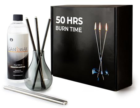 CANDWAX Nachfüllbare Kerze – Glasölkerzen-Geschenkset mit flüssiger Paraffinflasche, 480 ml, Trichter und 2 Sets Metalldochte, Schwarz und Silber, ewige Kerze, ideal als dekorative Kerzen