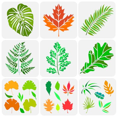 FINGERINSPIRE 9 Stück Verschiedene Blatt Zeichenschablonen 20x20cm Monstera Blatt Ahornblatt Farnblatt Malvorlage Eichenblatt Palmblatt Bambusblatt Ginkgoblatt Schablone Zum Malen Auf Holzwänden