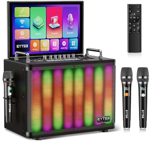 EYTSE Karaoke Machine with Lyrics Display 14.1 Screen for Adults, Professional 400W, Bluetooth 5.3/WiFi 6/Android 13, 2 Wireless UHF Microphones, Unique Party Light, Connect to TV HDMI