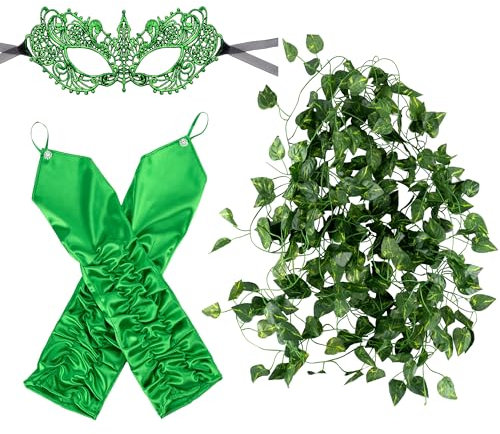Eybila 7 piezas de accesorios de disfraz de hiedra de Halloween para mujer, máscaras verdes, guantes sin dedos, suministros de fiesta de disfraces, veneno