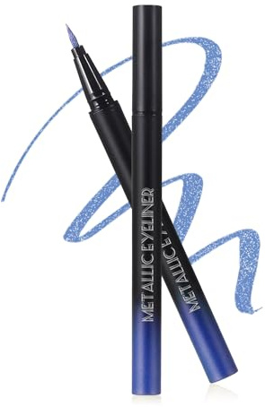 Blau Metallic Glitter Liquid Eyeliner für Frauen, Wasserfest Langanhaltend | Diamond Glitzer Eyeliner Stift Bunt, Ultrafeine Spitze, Wischfest Hochpigmentiert Kajalstift Halloween Weihnachten Make-up