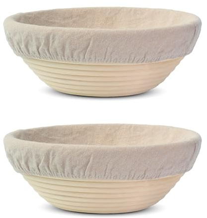 BakinTalk Banneton Bread Proofing Basket Set of 2, 9 Round Sourdough Banneton Baskets with Linen Liners, Premium Handmade Natural Indonesian Rattan, Bread Bowls for Rising and Baking