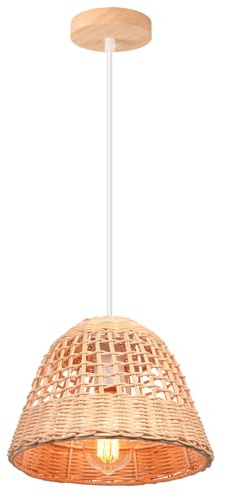 LIGKIN Lampade a Sospensione Rattan E27 Lampadario Vintage Ø25cm Paralume Bambù Lampadari, Boho Lampada da soffitto Legno per Salotti Cucine Ristoranti Caffè