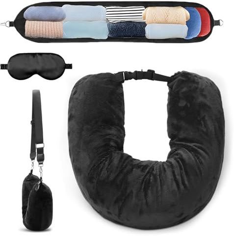 EAEVKPI Coussin Cou Voyage,Oreiller de Voyage a Remplir de Vetement,Oreiller de Voyage avec Masque en Soie,Oreiller Cervical Évolutif Transformable pour Oreiller Avion Voyage