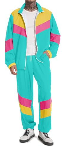 UOUA 80er Outfit für Männer 90er Tracksuit Kostüm für Halloween 70er Windbreaker Jacke Track Anzug 2 Stück Hip Hop Set