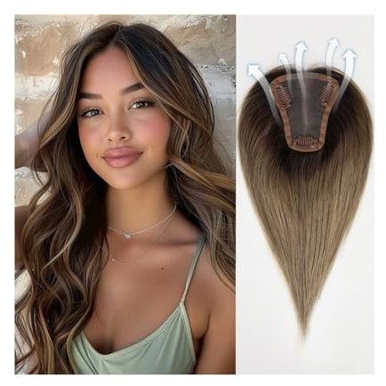 Haar-Topper Haarteile Ombre-Haarteile in Braun ohne Pony, handgebundenes Echthaarteil, 8,9 x 10,2 cm, Basis aus Seidenspitze, for Anklipsen, glatte Haarteile for Frauen mit dünner werdendem Haar Haart