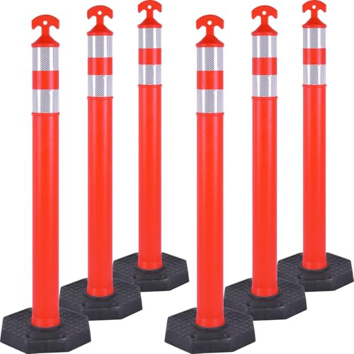OranLite Traffic Delineator Post Cones with Heavy-Duty Octagonal Rubber Base, Channelizer Post Kit for Road Construction Work, Traffic Guidance, Garage Parking, Crowd Control (6, 42)