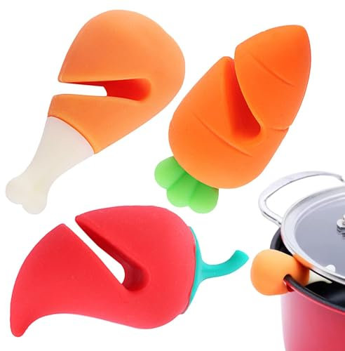 Boil Over Stopper - 3 x Leak-proof Pot Holder Clip Out, Pot Lid Overflow Protection, Cooking Pot Steam Drain, Food Shape Pot Lid Holder for Kitchen and Waste Jam