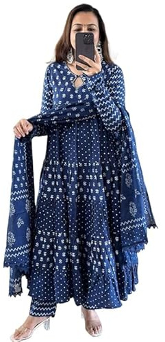 Sambhav Quilt Hub Pantalón Kurta de algodón índigo con estampado a mano para mujer con Dupatta, Azul, XL
