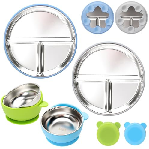 CLDY Ensemble de couverts pour bébé 4 pièces, Assiette pour tout-petits en acier inoxydable avec ventouse-Bol pour enfants, assiette compartiment bebe, Lavable au lave-vaisselle-antidérapant-sans BPA