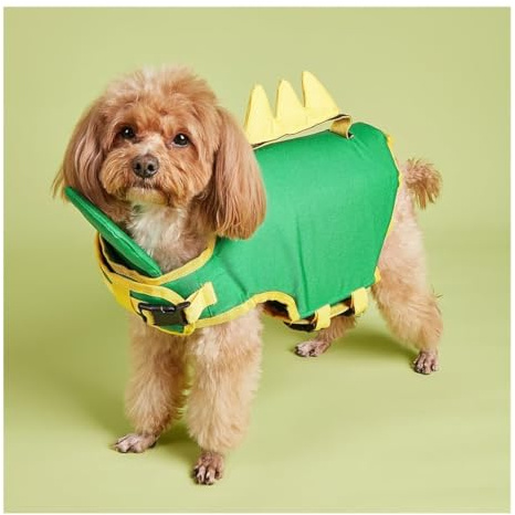 Flytväst for hund Justerbar flytväst for hund, flytväst, kappa for husdjurslivskydd med handtag for simning, surfing, båtliv for liten hund Valp Stor hund (XL, gult bi)(Green Dinosaur,L)