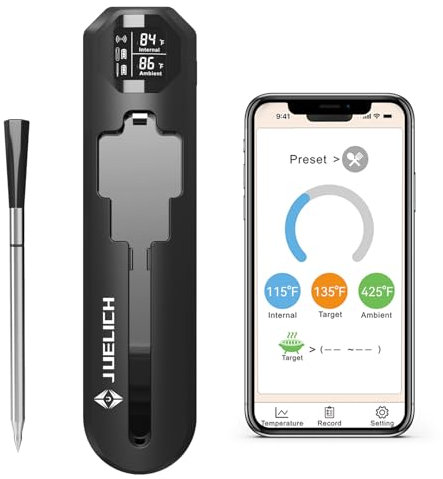 JUELICH Smart Wireless Meat Thermometer, Bluetooth Digital Food Probe, 250m Range, Internal & Ambient Temp, Ideal for Oven, Grill, Kitchen, BBQ, Smoker, Air Fryer, Sous Vide, Black