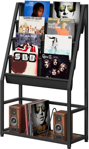 CHOEZON 47.8 H Vinyl Record Storage Holder Rack with Display Shelf, 5-Tier Record Player Stand with Oxford Fabric Slots, Vinyl Record Organizer for Records, Magazines, Black and Rustic Brown TCW05BF