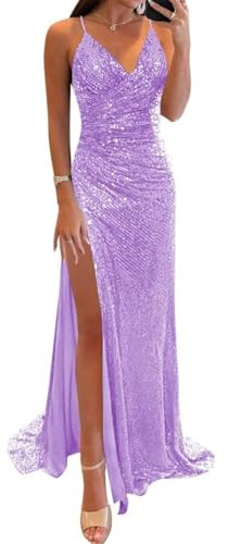 Abiti da damigella d'onore con spalline sottili abiti da ballo con paillettes sirena abiti da ballo con fessura formale da sera party maxi abito AH149, Lilla, 58 Più