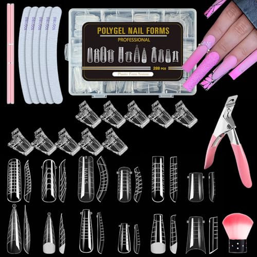306 PCS Kit de Moldes Uñas Acrilicas 12 Estilos Moldes Tips Uñas Acrilicas Kit con 10 Piezas Clip Puntas Uñas, 1 Pincel de Poligel de Doble Punta y 5 Pieza Lima de Uñas y 1 Pincel para Polvo de Uñas