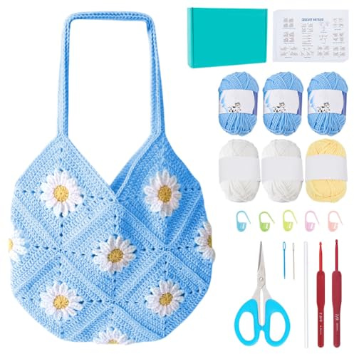 ORIGACH Häkelset Tasche Gänseblümchen für Erwachsene Anfänger, Hellblau | DIY Granny Square Tasche Häkelset Für Mit Schritt Für Schritt Videoanleitung