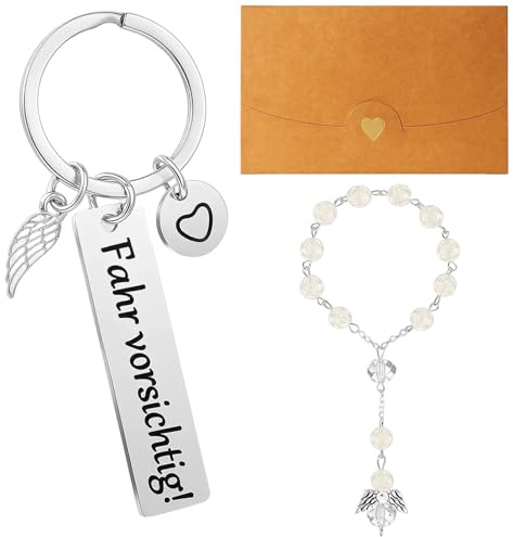 3 Stück Paket Führerschein Bestanden Geschenk Set, Auto Rosenkranz Schutzengel Anhänger Rückspiegel Auto Deko Innenraum Glücksbringer Guardian Angel Autospiegel Anhänger Perlenengel Autozubehör