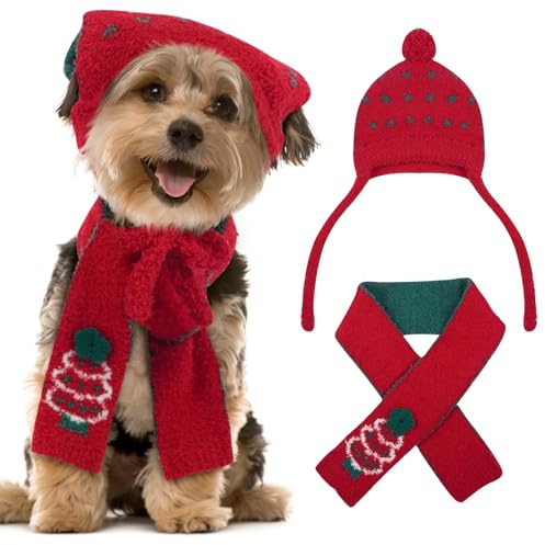 Katzinst Hund Weihnachtsmütze, Hundemützen für Kleine Hunde, Weich und Warm, Süßes Weihnachtsmützen und -schals Set für Hunde, Kleiner Hund Schnauzer, Rot (S)