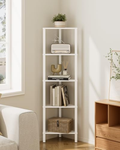 Apetaccat 5-Tier Corner Shelf Unit, Triangle Stand Display Rack, Space-Saving Storage Shelf for Living Room, Bedroom, Kitchen & Bathroom, White, 14.5 × 9.5 × 48 inches