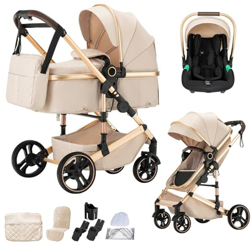 BEBBY BEBBY Cochecito de bebé 3 en 1,Carricoche Combinado Paisaje Alto Marco de Aluminio Para Recién Nacido0-22KG,Portátil Carrito Bebe 3 en 1 Con Asiento De (H9-BEIGE, H9)