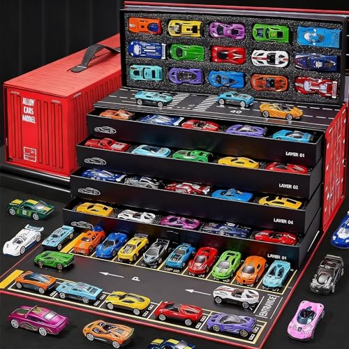 48 Mini Pull-Back Cars with Built-In Garage Set,48/60pcs Mini Pull Back Cars+Multi-Level Garage,Alloy Racing Car Set,Race Car Collection Party Favors,Educational Play,Birthday (A-48)