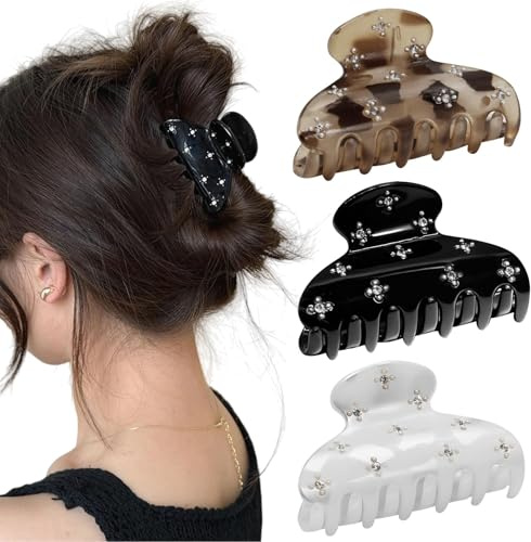 MittelgroßE Strass-Haarspangen FüR Damen Und MäDchen, Funkelnde Haarspangen Mit Starkem Halt, Rutschfest, Aus Acryl, FüR Dickes Und DüNnes Haar, Schwarz, Weiß, Schildpatt, 3 Pcs