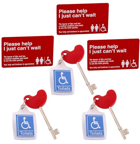 NKS Red Radar Keys Triple Pack with Keyrings for Disabled Toilet Access | Easy Turn Braille Bathroom Door Openers | for UK Radar Lock Accessible Toilets | Includes 3 Just Can’t Wait Emergency Cards