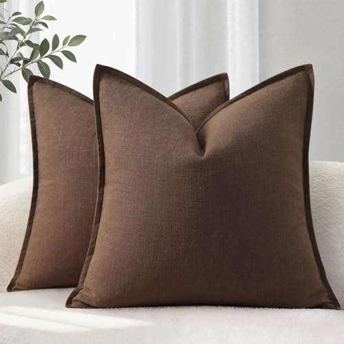 YCOLL Kuddfodral 45x45 set om 2 mysiga mjuka naturlinne kuddfodral enfärgade soffkuddar moderna kuddfodral med kant dekorativa kuddar för soffa, säng vardagsrum mörkbrun