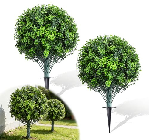 Juego de 2 boj, bola de boj con estaca de 40 cm de diámetro, resistente a los rayos UV y no destiñe, plantas de boj para jardín, porche, decoración de terraza