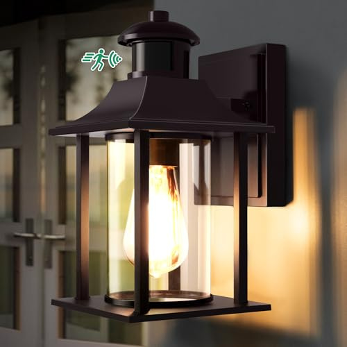 Lamomo Outdoor Wall Light,Motion Sensor Light Outdoor with Bulb,Waterproof Aluminum Security Light Sensor Wall Lantern Anti-Rust Outside Wall Sconce for Garden Doorway-Brown