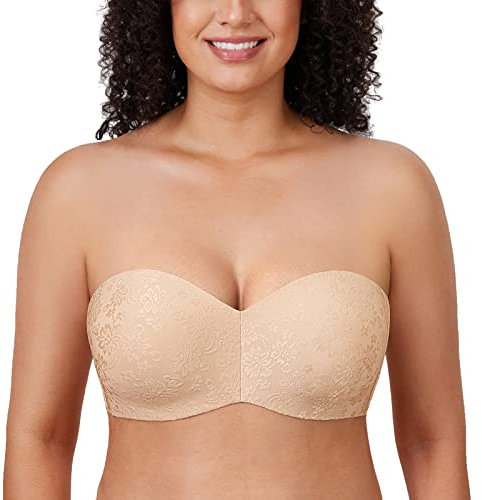 Delimira Women's Strapless Bras for Bigger Bust Minimizer Plus Size Bandeau Underwire Unlined Jacquard Beige 32E