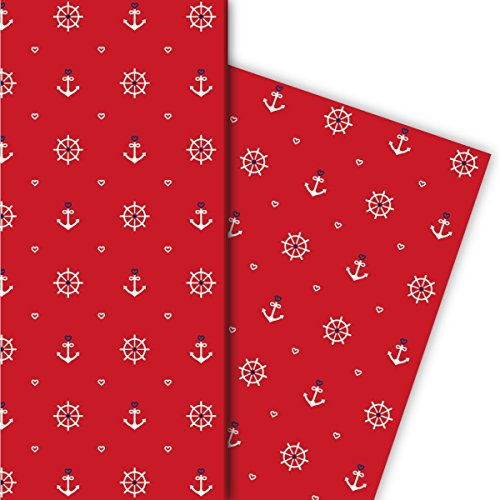 Maritimes Geschenkpapier Set (4 Bogen), Dekorpapier, Papier zum Einpacken mit Herz, Anker und Steuerrad, rot, universal Packpapier um schöner zu schenken 32 x 48cm