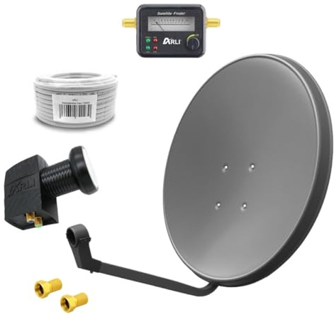 60 cm HD Sat Anlage Twin LNB + 50 m Koaxialkabel 135 dB + Satfinder + 2 F-Stecker Digital 2 Teilnehmer Antenne grau UHD 4K