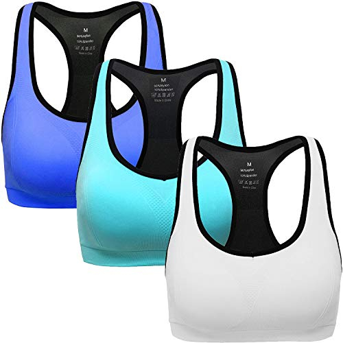 ANGOOL Damen Komfort Klassische Racerback Sport BH Top Fuer Yoga Fitness-Training, Blau + Weiß + Grün, M Fit 70DD 70E 75D 80BC 85BC