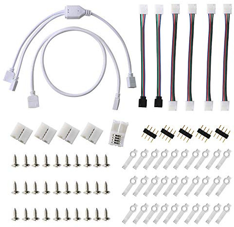 RUNCCI-YUN 5050 4-Pin-RGB-LED-Lichtleistensteckverbinder-Kit Wasserdicht mit 10 mm PBC-LED-Streifensteckbrücken, 2-Wege-LED-RGB-Splitterkabel, RGB-Verlängerungskabel, Lückenlose Anschlüsse