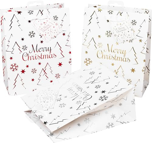 HEKU Hochglanz Merry Christmas Geschenktaschen aus Recyclingpapier, Set von 24 I Drei Farben (Rot, Silber, Gold) I Praktische Größe (23x18x10cm) I Mit Klappkärtchen für Personalisierte Nachrichten