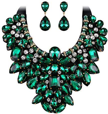 Ever Faith Costume Jewelry for Women, Green Rhinestone Crystal Chunky Collar Statement Necklace Earrings Set