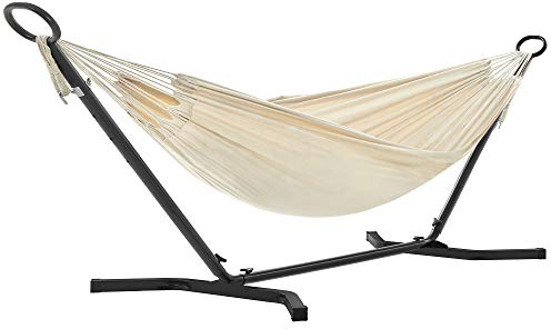 SONGMICS Amaca con Stand, 210 x 150 cm, 5 Altezze Regolabili, Amaca Portatile con Struttura di Metallo, capacità di Carico 240 kg, Patio, Giardino, Cortile, Stand Nero e Amaca Beige GHS001M01
