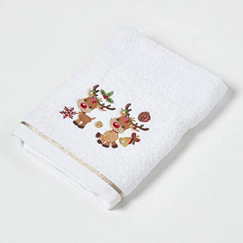 Homescapes Besticktes Weihnachts-Handtuch mit Rentier-Motiv, festliches Handtuch 50 x 90 cm aus 100% Baumwolle mit rot-weißer Kante