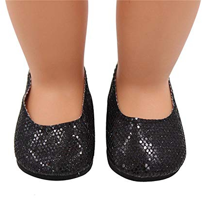 Aeromdale Puppenschuhe, Pailletten, flache Schuhe für 45,7 cm große amerikanische Puppen, Mädchen, Puppen, 46 cm, Puppenzubehör, Spielzeug, Schwarz, 1 Paar