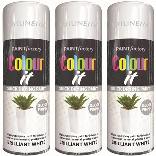 HitlineUK 3 x 400ML BRILLIANT WHITE COLOUR IT GLOSS FINISH SPRAY PAINT DECORATE WOOD METAL