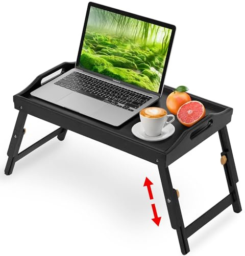 Mayyol Vassoio da letto per la colazione, tavolo rialzato regolabile in altezza, vassoio da portata in bambù sul divano a grembo, piatto portatile per snack con gambe pieghevoli, ideale per camera da